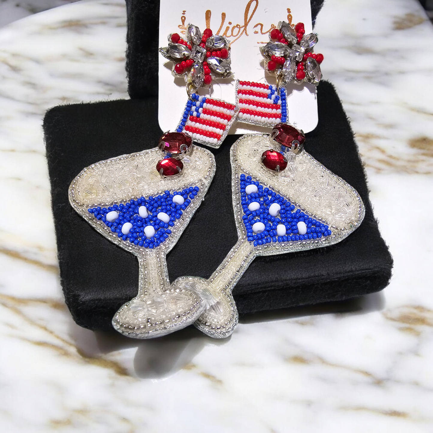 Patriotic Martini Earrings, Seed and Tube Beads, Fourth of July, Election, Celebration Earrings