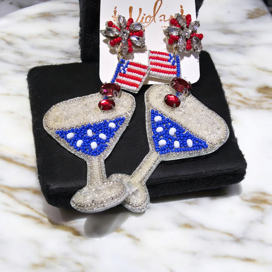 Patriotic Martini Earrings, Seed and Tube Beads, Fourth of July, Election, Celebration Earrings