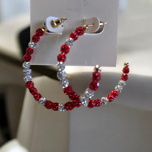 Beaded Hoop Earring Red and White