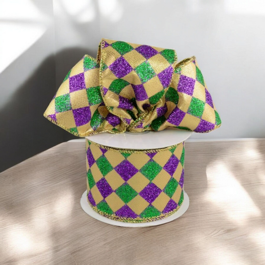 2.5" Harlequin Glitter Diamond Ribbon: Purple, Green & Gold (10 Yards)