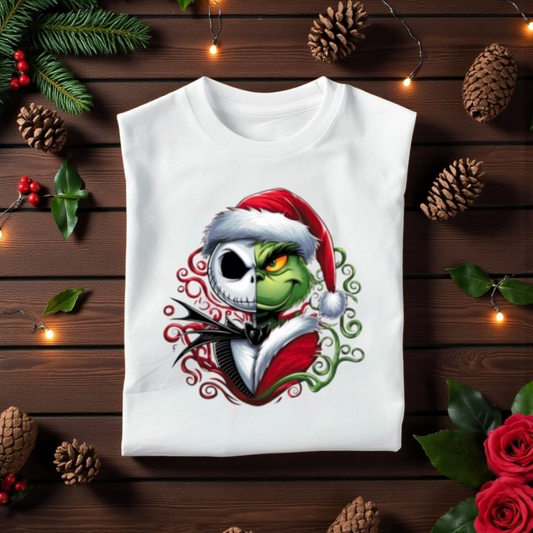 Festive Split-Character Christmas Tee – Holiday Graphic Shirt