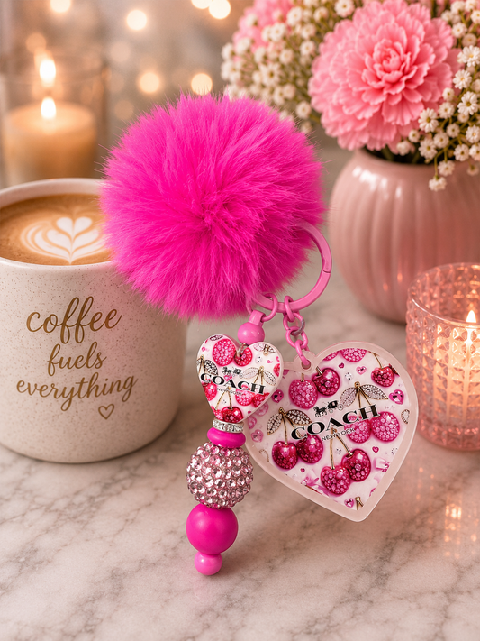 Pink Cherry Heart Pom-Pom Keychain