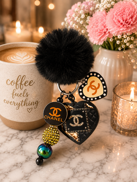 Black Pom Pom Designer Inspired Heart Keychain
