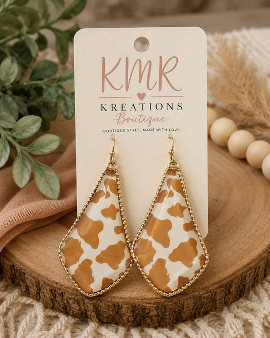 Tan Cow Print Teardrop Earrings