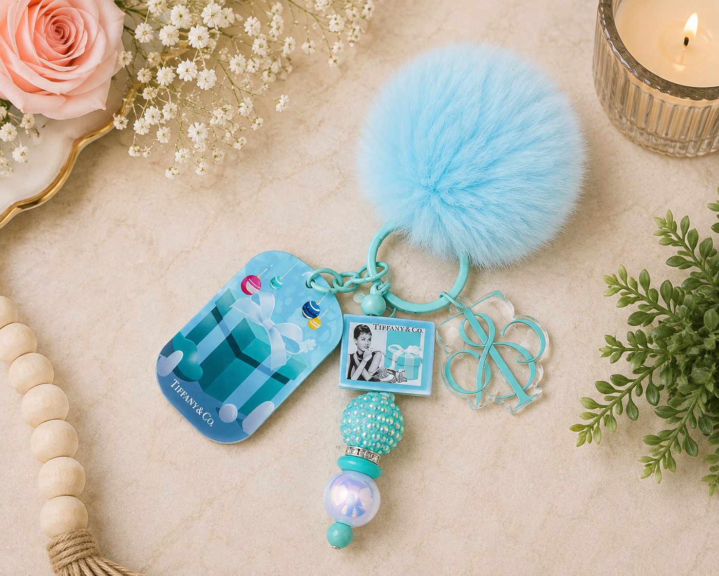 Luxury Blue Pom Pom Designer-Inspired Charm Keychain