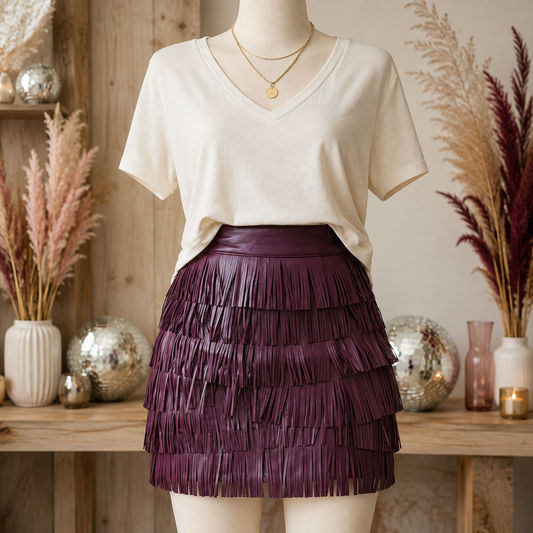 Vegan Leather Fringe Mini Skirt – Deep Plum