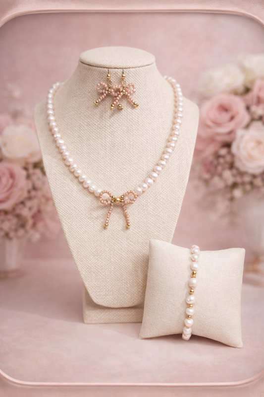 Blush Pearl Bow Jewelry Set – Necklace, Earrings & Bracelet