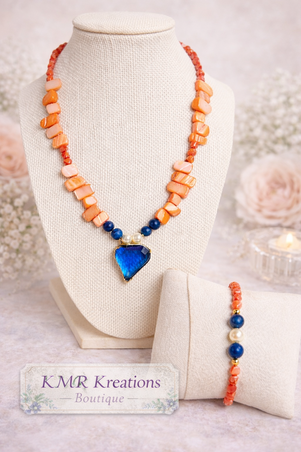 Spring Sunset Coral & Sapphire Statement Necklace Set