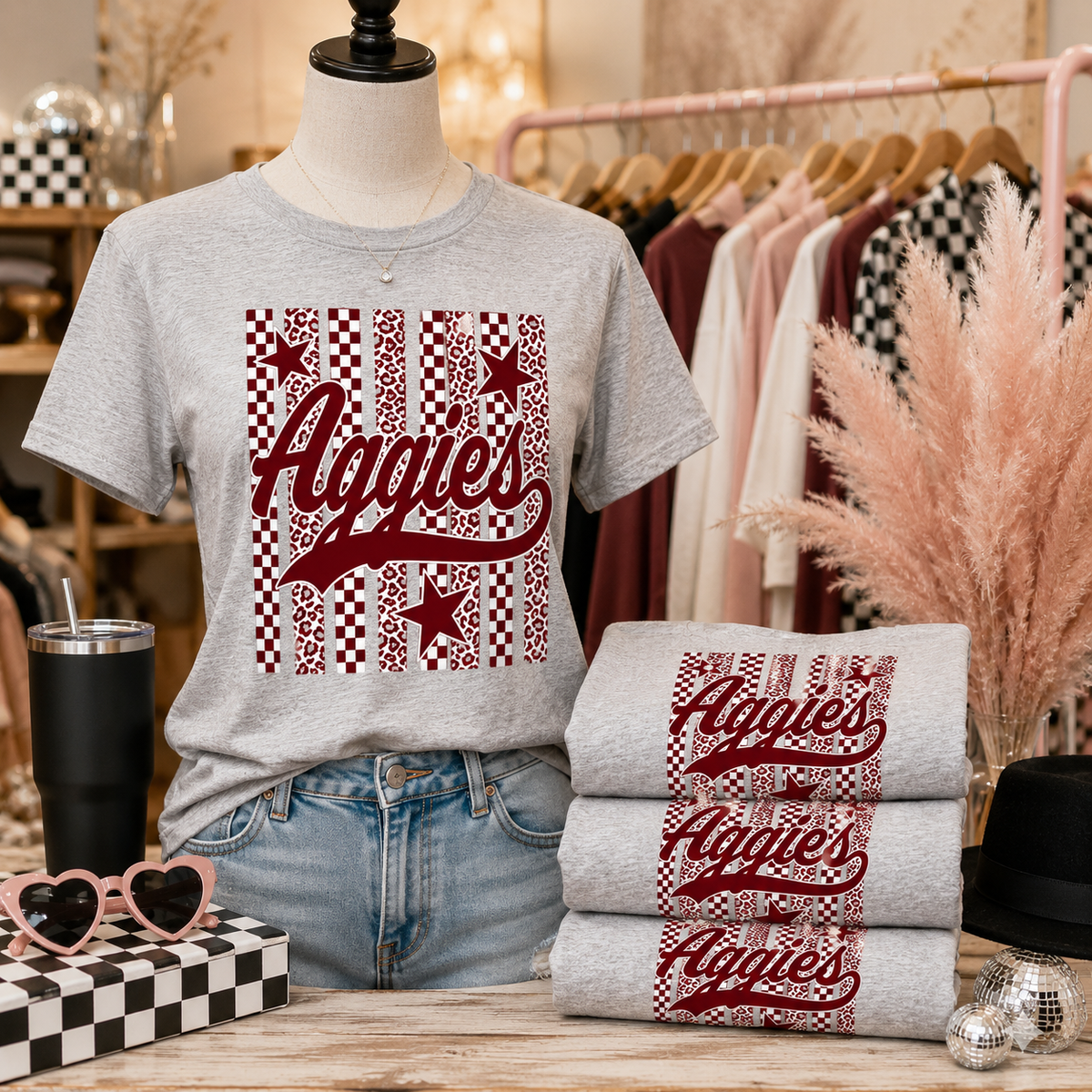 Aggies Maroon Checkerboard & Leopard Tee