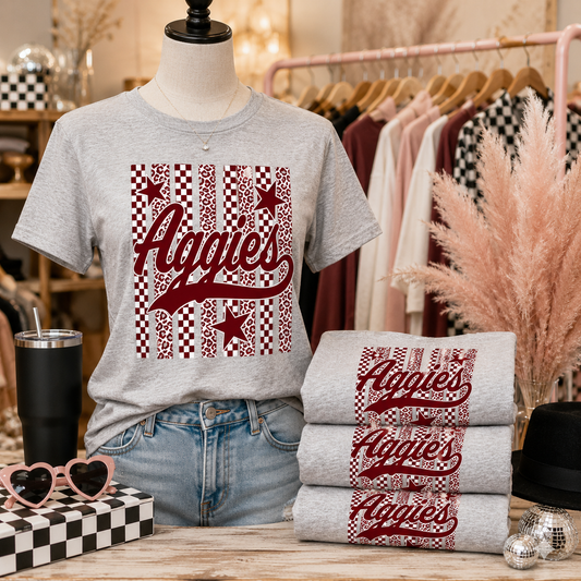 Aggies Maroon Checkerboard & Leopard Tee