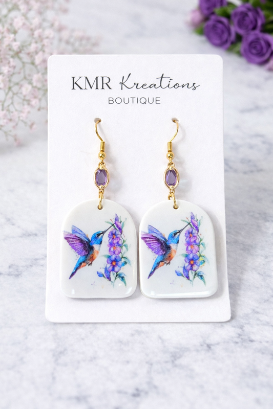 Hummingbird Floral Drop Earrings | Purple Gemstone Nature Earrings