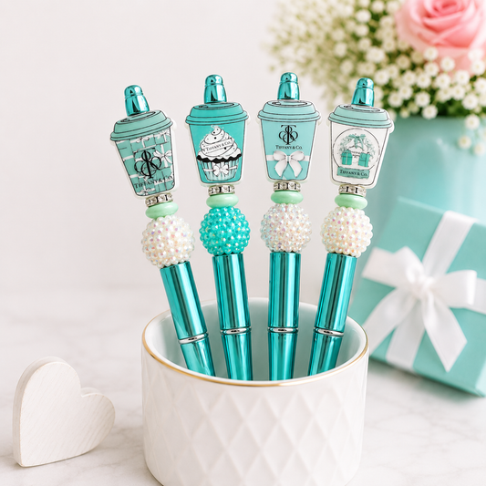 Designer-Inspired Coffee Cup Beaded Pen Set – Set of 4