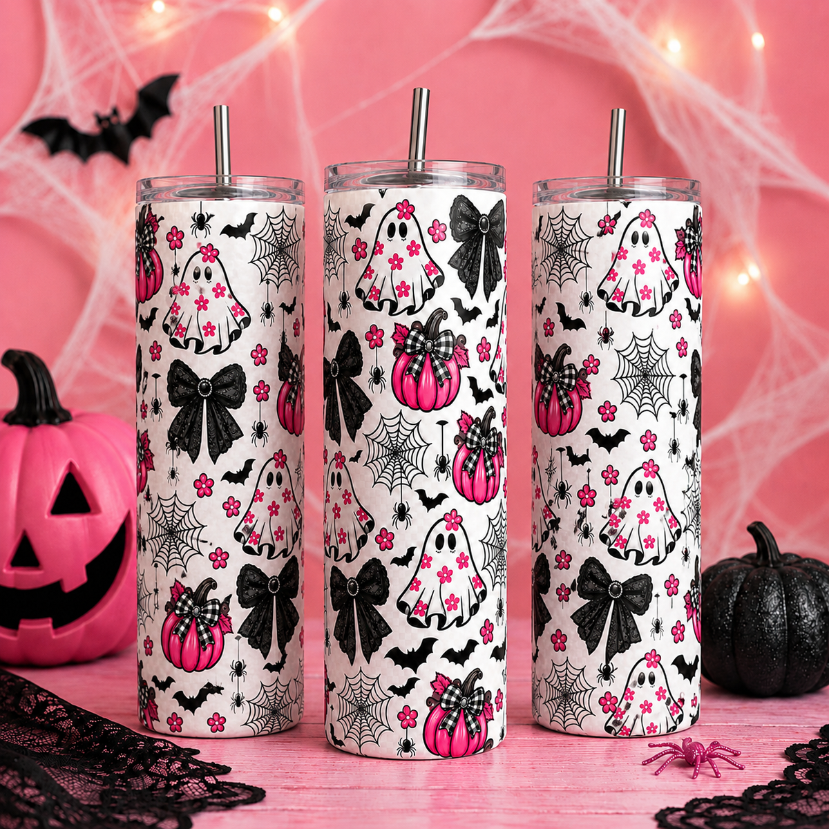 Pink Floral Ghost Halloween 20 oz Skinny Tumbler