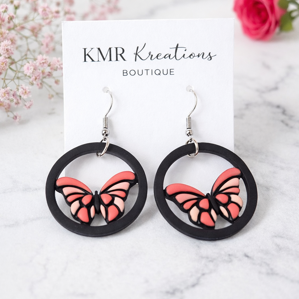 Pink Butterfly Circle Drop Earrings | Handmade Polymer Clay Earrings