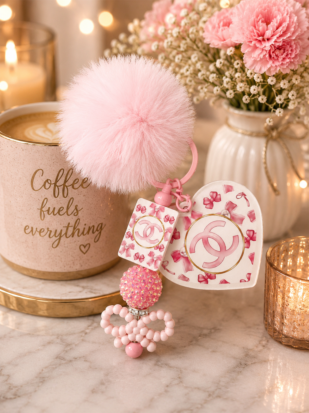 Pink Pom Pom Designer Inspired Heart Keychain