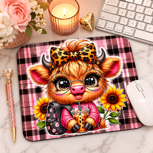 Highland Cow Pink Plaid Mouse Pad