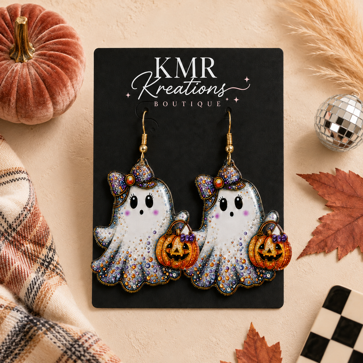 Jeweled Halloween Ghost & Pumpkin Dangle Earrings