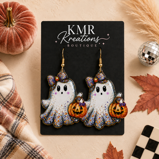 Jeweled Halloween Ghost & Pumpkin Dangle Earrings
