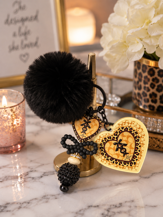 Leopard Heart Pom-Pom Keychain