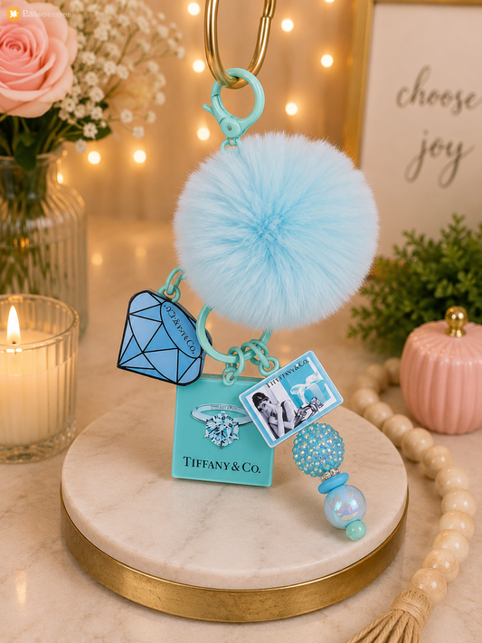 Luxury Tiffany-Inspired Pom Pom Charm Keychain – Chic Designer Style Bag Charm