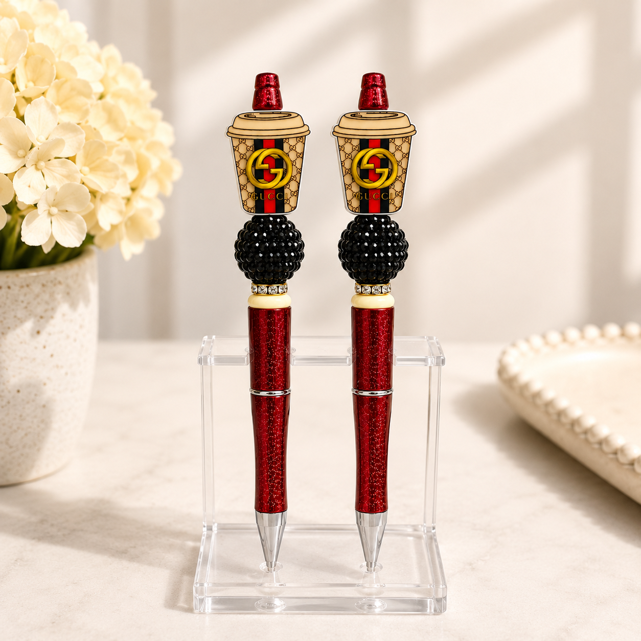 ☕✨ Designer Coffee Cup Beaded Pen Set (Set of 2) ✨☕