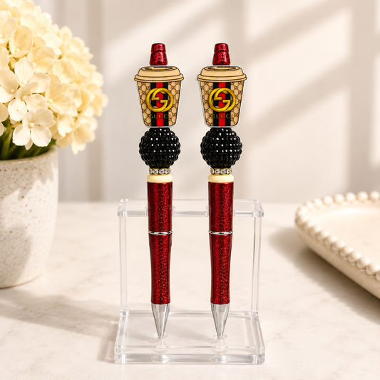 ☕✨ Designer Coffee Cup Beaded Pen Set (Set of 2) ✨☕