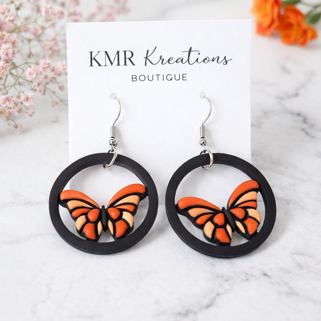 Orange Butterfly Circle Drop Earrings | Handmade Polymer Clay Earrings