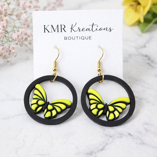 Yellow Butterfly Circle Drop Earrings | Handmade Polymer Clay Earrings