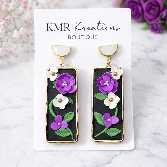 Floral Garden Rectangle Statement Earrings | Handmade Clay Flower Earrings