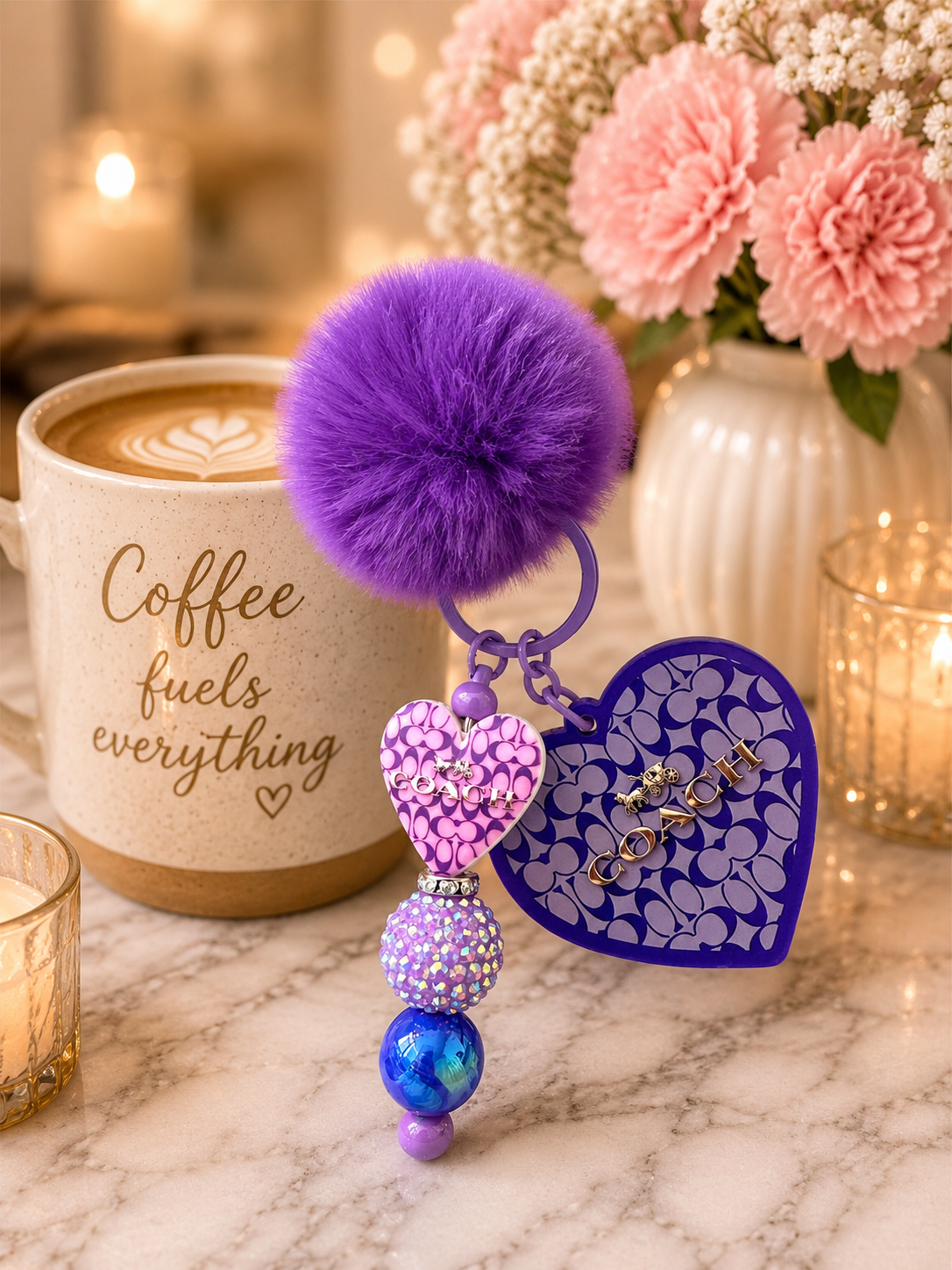 Purple Pom Pom Designer Inspired Heart Keychain