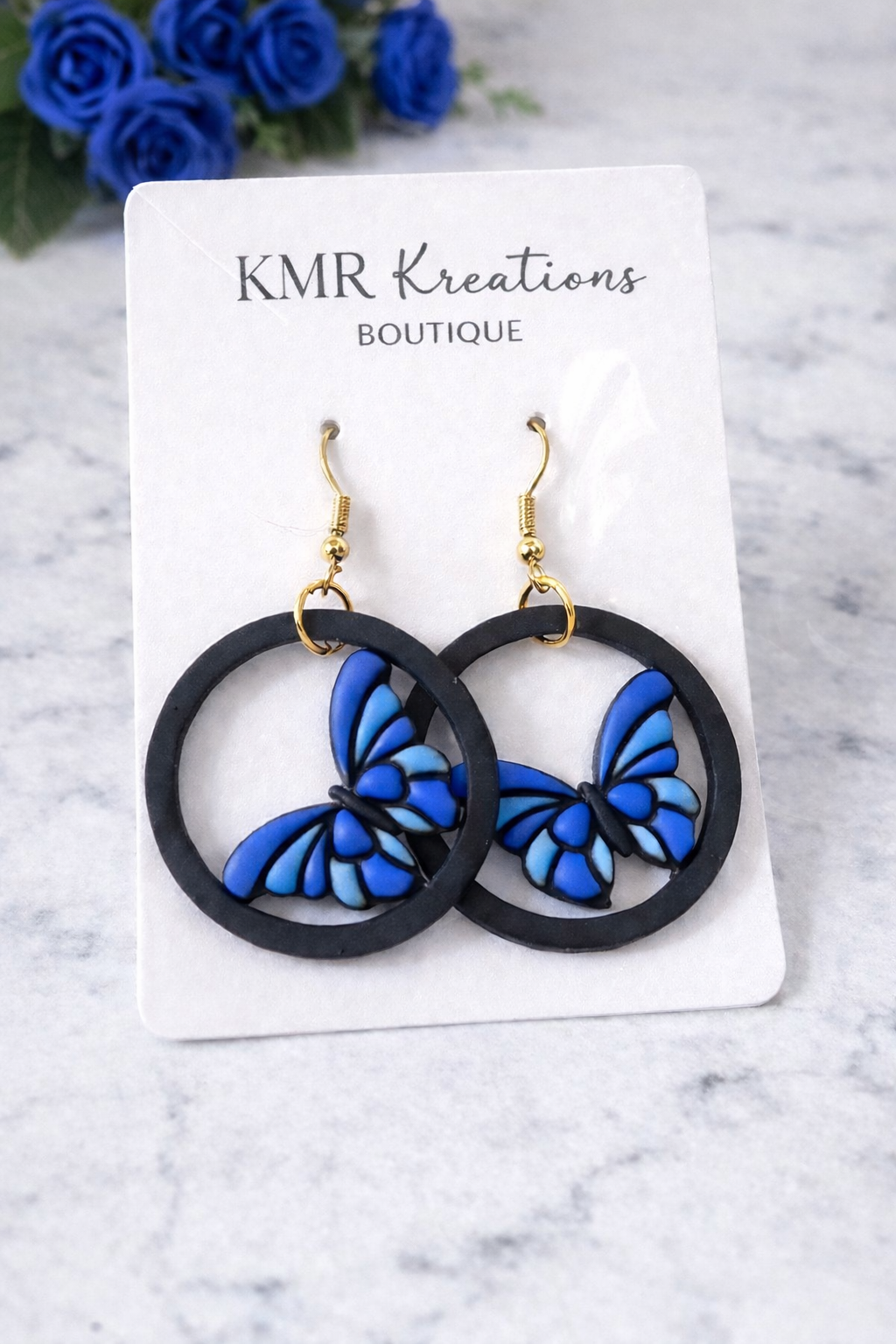 Blue Butterfly Circle Drop Earrings | Handmade Polymer Clay Earrings