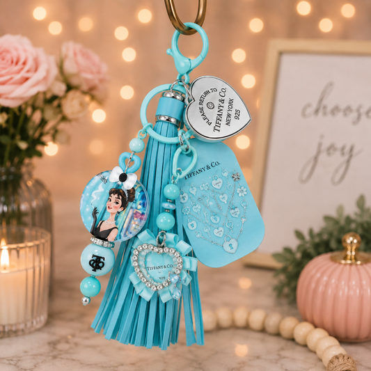 Luxury Tiffany-Inspired Butterfly & Floral Pom Pom Keychain Charm