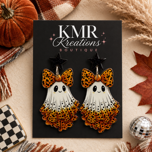 Spotted Bow Ghost Halloween Dangle Earrings