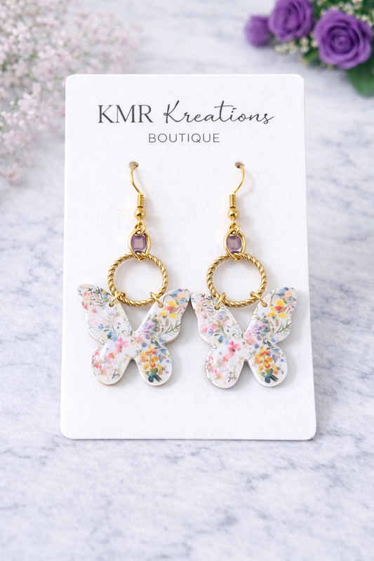 Floral Butterfly Drop Earrings | Gold Hoop Butterfly Statement Earrings