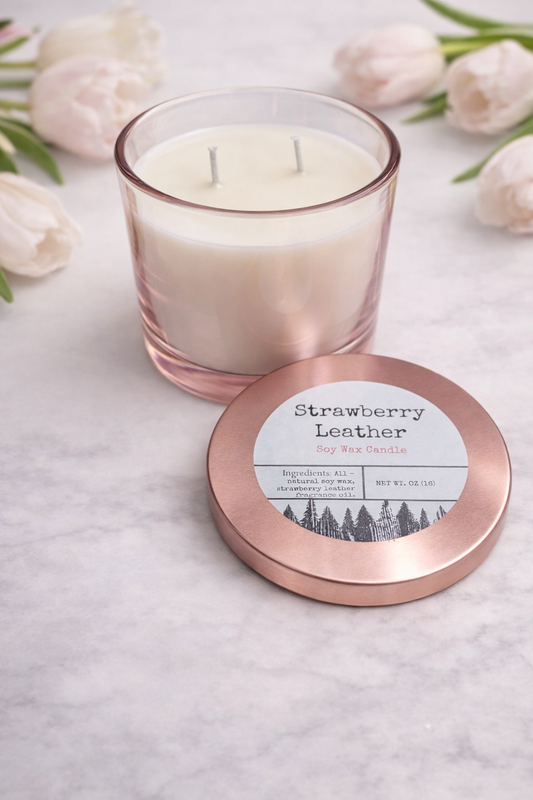 Strawberry Leather Soy Wax Candle – 16 oz