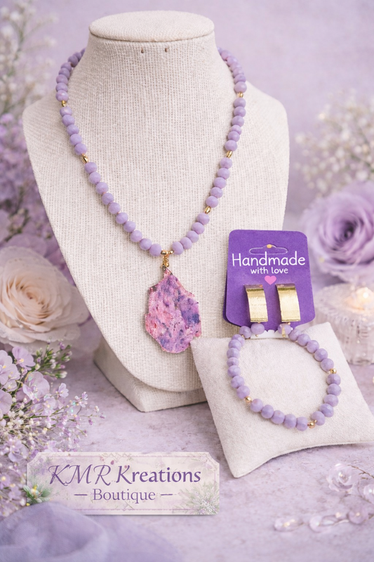 Crystal Beaded Necklace & Bracelet Set | Gold Plated | Quartz Charm