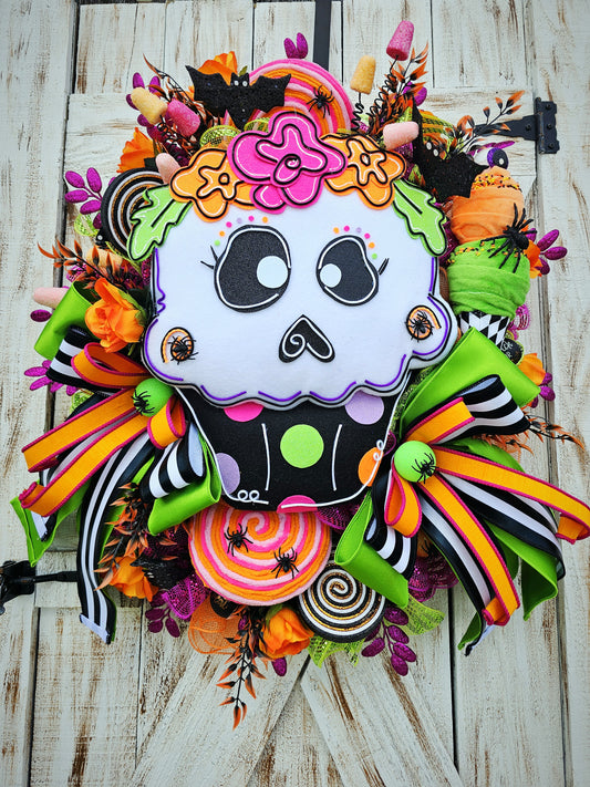Halloween wreath, Halloween cupcake decor, sugar skull wreath, Dia de los Muertos wreath, whimsical Halloween, Halloween door decor, spooky cute, colorful Halloween