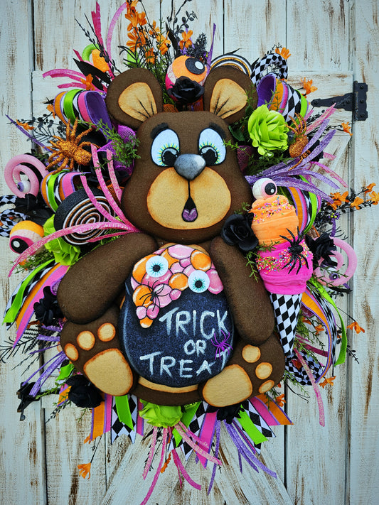 XL teddy bear Halloween wreath, trick or treat wreath, Halloween door decor, plush bear wreath, candy Halloween wreath, whimsical Halloween, spooky cute wreath, handmade Halloween decor, Halloween gift idea