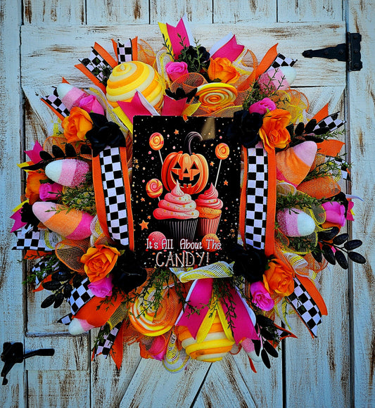 halloween wreath, Halloween door decor, whimsical wreath, Halloween candy wreath, Halloween front door, pink and orange Halloween, jack-o-lantern wreath, spooky cute wreath, candy shop wreath