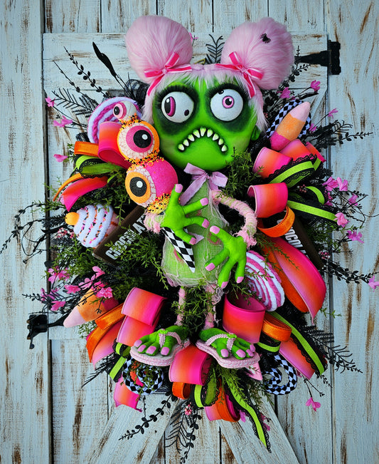 Halloween Wreath, Zombie Girl Wreath, Cute Halloween Decor, Spooky Wreath, XL Halloween Door Hanger, Pink and Green Halloween, Whimsical Halloween, Creepy Cute Decor