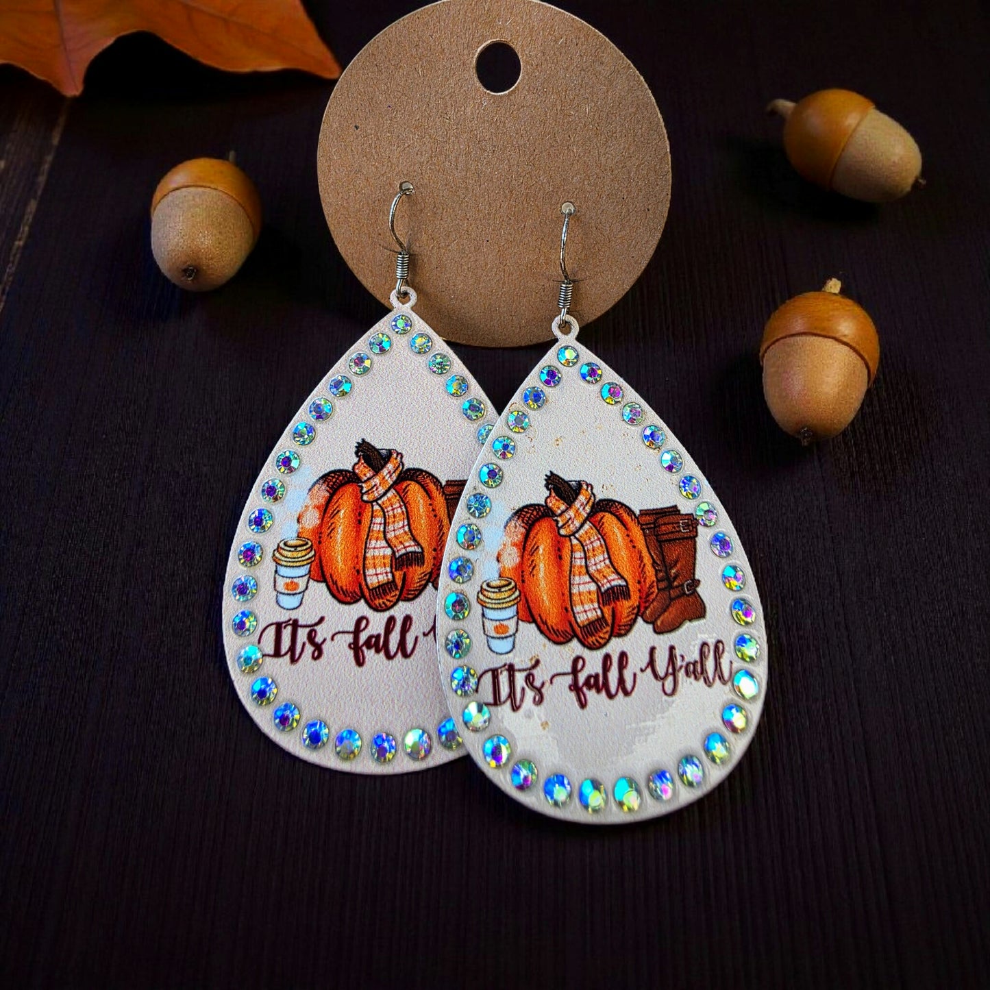 fall earrings, autumn jewelry, pumpkin earrings, rhinestone earrings, It’s Fall Y’all, seasonal accessories, fall fashion, teardrop earrings, fall statement earrings