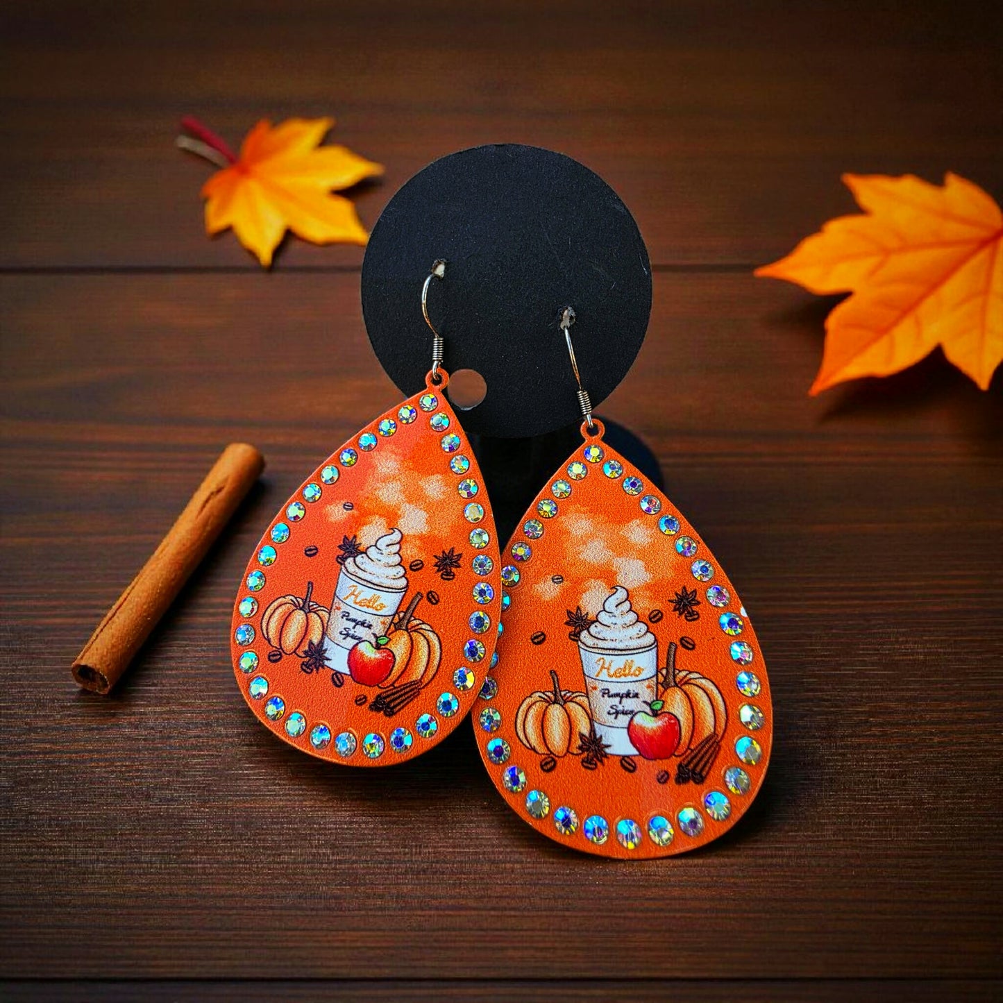 pumpkin spice earrings, fall earrings, rhinestone earrings, autumn jewelry, pumpkin earrings, teardrop earrings, seasonal accessories, fall fashion, cozy fall style