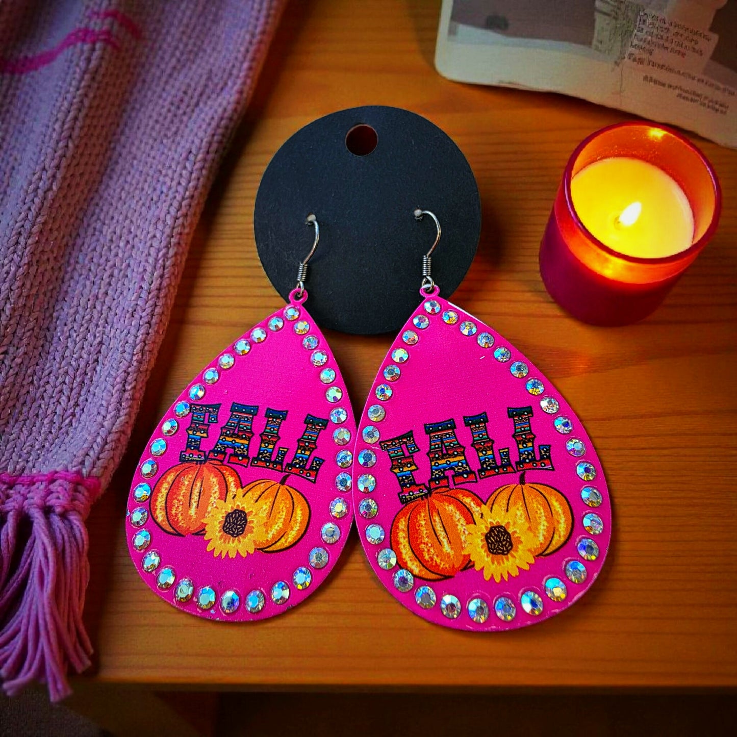 fall earrings, pumpkin earrings, pink fall jewelry, rhinestone earrings, seasonal accessories, statement earrings, autumn fashion, pink pumpkin earrings, fall jewelry