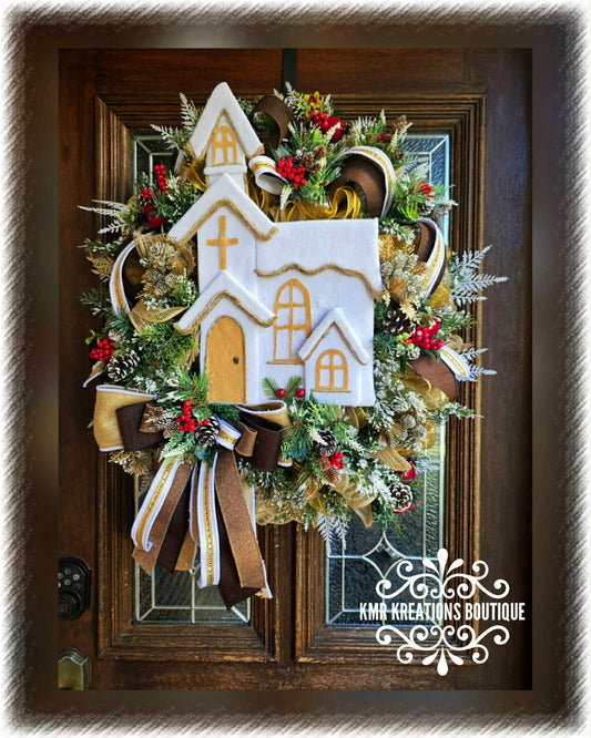 Elegant Chapel Christmas Wreath – Handmade Winter Church Door Décor