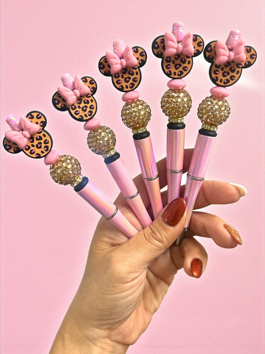 leopard pen, rhinestone pen, glam pen, pink bead pen, refillable pen, cute stationery, planner accessories, boutique pen, girly gift, sparkle pen