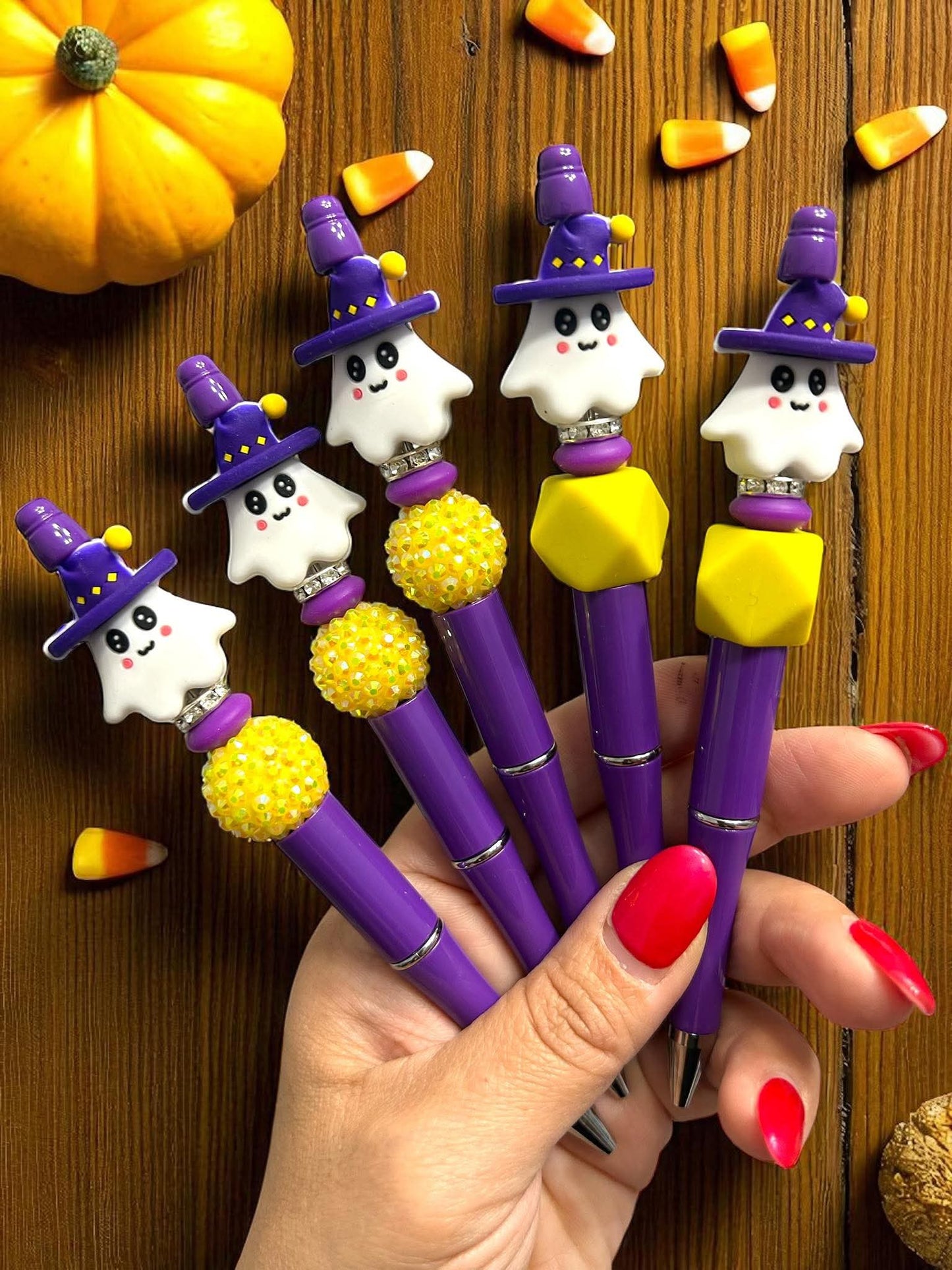ghost pen, witch pen, halloween pen, spooky stationery, bead pen, refillable pen, purple pen, fall stationery, planner accessories, cute desk decor