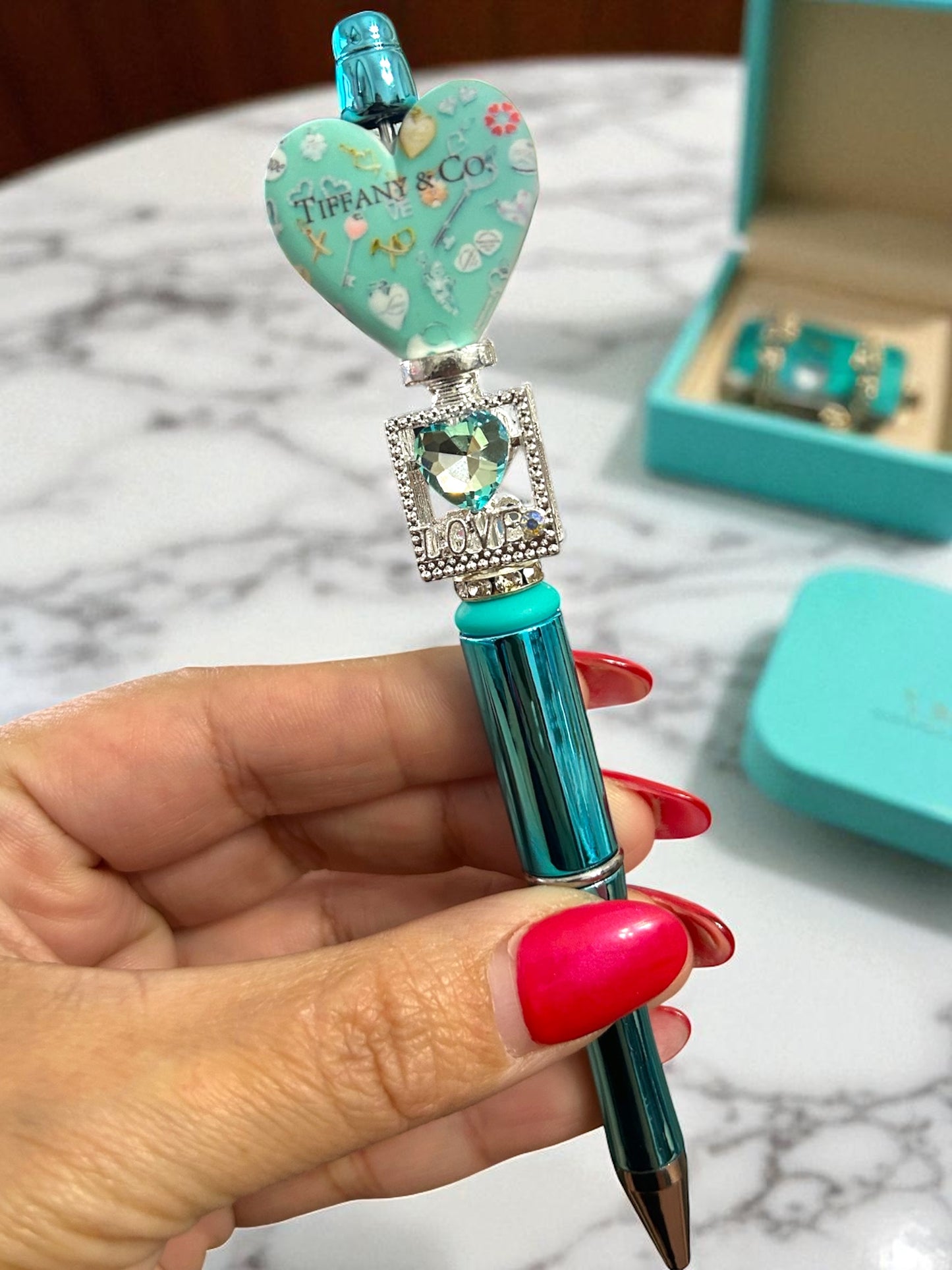 aqua pen, glam bead pen, luxury stationery, heart charm pen, refillable pen, cute office supplies, boutique pen, elegant pen, planner accessories
