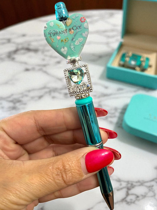 aqua pen, glam bead pen, luxury stationery, heart charm pen, refillable pen, cute office supplies, boutique pen, elegant pen, planner accessories