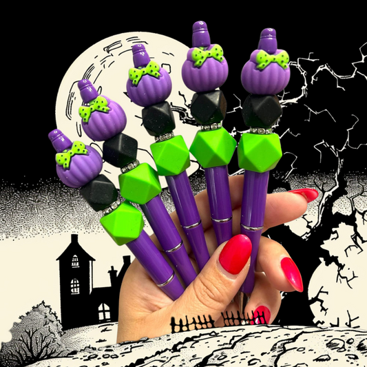 halloween pen, purple pumpkin pen, spooky cute stationery, fall bead pen, refillable pen, halloween gift idea, planner accessories, witchy vibes, seasonal desk decor