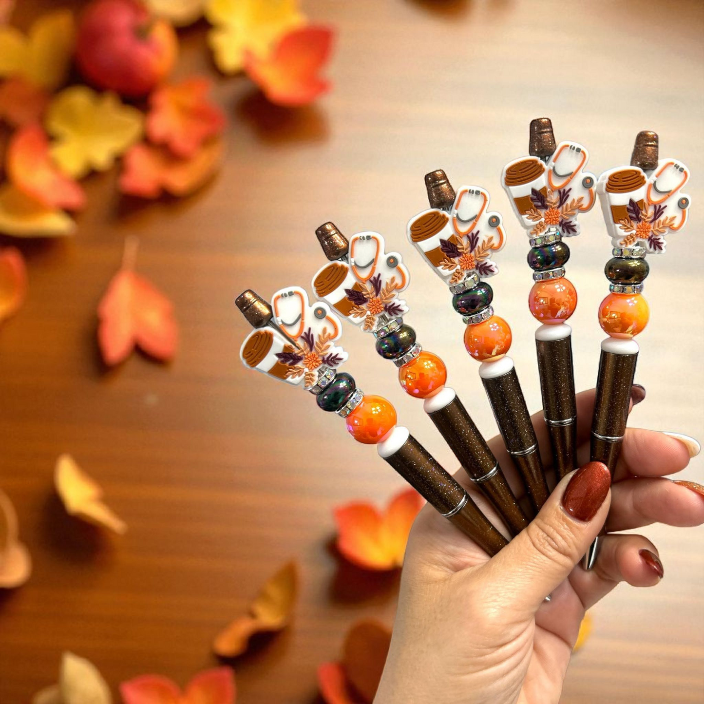fall pen, coffee lover gift, latte pen, autumn stationery, pumpkin spice vibes, refillable pen, bead pen, cozy office supplies, planner accessories, boutique pen